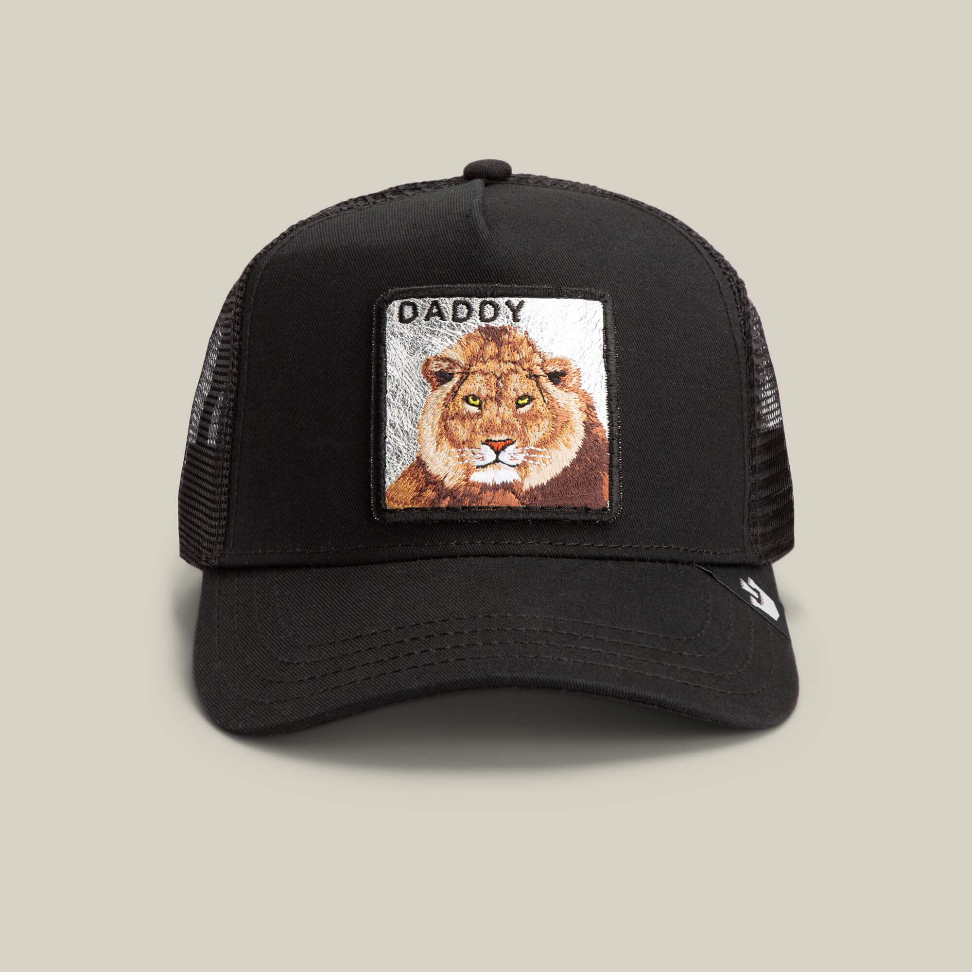 Goorin Bros. Daddy King Limited Edition black mesh baseball cap features a lion patch with "King Daddy" above it on the front.