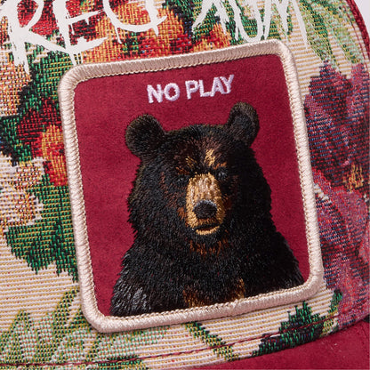 Dull Boi by Goorin Bros. is a fabric patch featuring an embroidered bear and "All Work and No Play" on a floral and burgundy background, perfect for Johnny’s Fresh Friday Drop collection.