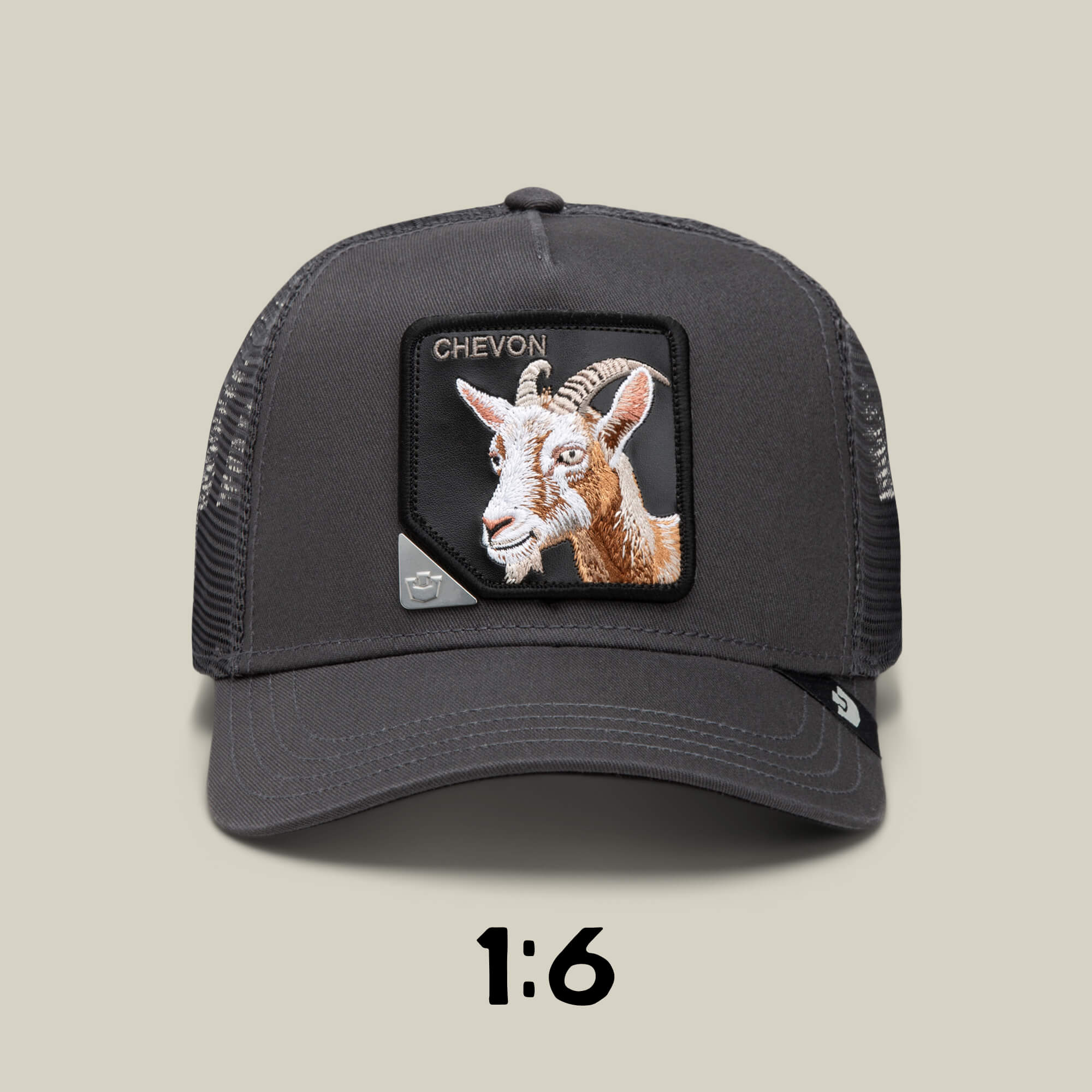 The Goorin Bros. "Blind Box 1: U R WUT U EET" is a black mesh trucker hat featuring a goat patch with CHEVON above it, displayed on a beige background with "1:6" below—a unique mystery animal hat from the blind box collection.