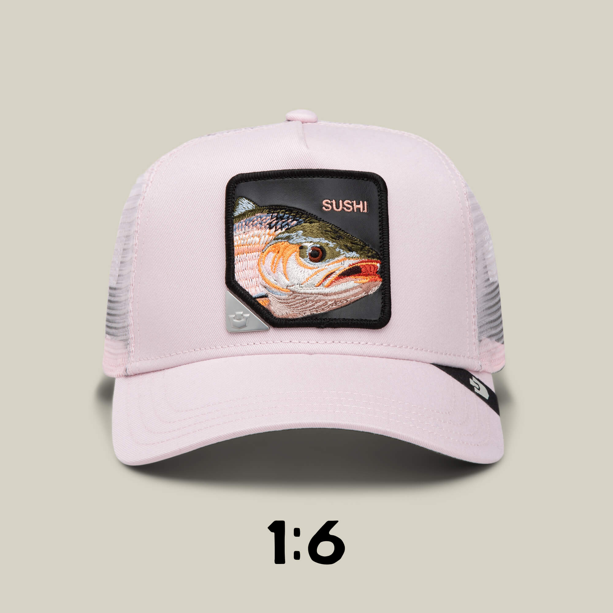 A light pink Goorin Bros. mesh baseball cap from the Blind Box 1: U R WUT U EET series features a fish patch with "SUSHI" and a 1:6 hint, adding mystery to this animal hat collection.