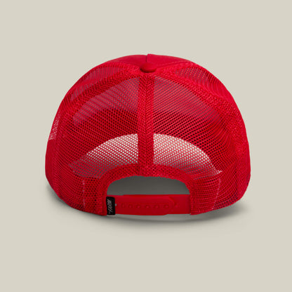 Back view of the Goorin Bros. Mr. Claus red mesh trucker cap with an adjustable snapback, perfect for the holidays and displayed against a plain light background.
