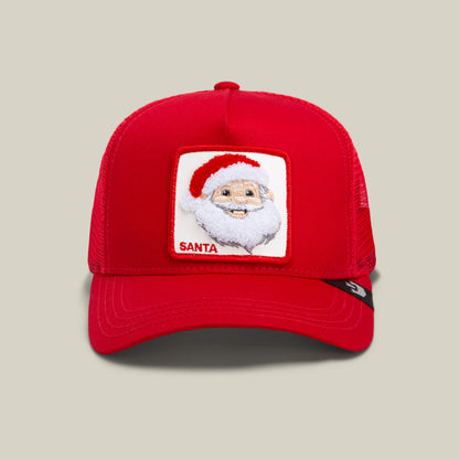 The Goorin Bros. Mr. Claus cap in RUSH RED features a mesh back and a front patch with embroidered Santa Claus and "SANTA" text—perfect for holiday cheer.