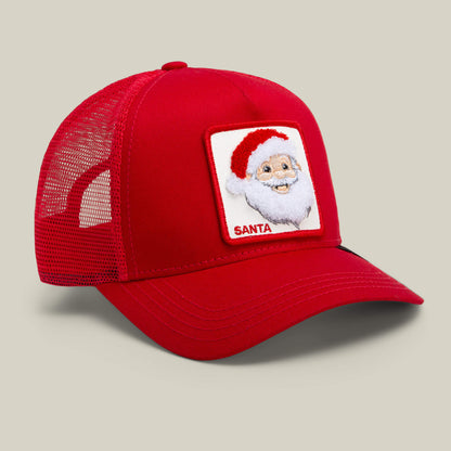 The Goorin Bros. "Mr. Claus" is a red mesh trucker hat with a curved brim and a front patch of a smiling Santa face and SANTA—ideal for spreading holiday cheer.