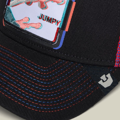 The Goorin Bros. Bug Fixes trucker hat in black denim with red and blue curved stitching details and a colorful embroidered patch featuring cartoon insects and the word JUMPY on the front.