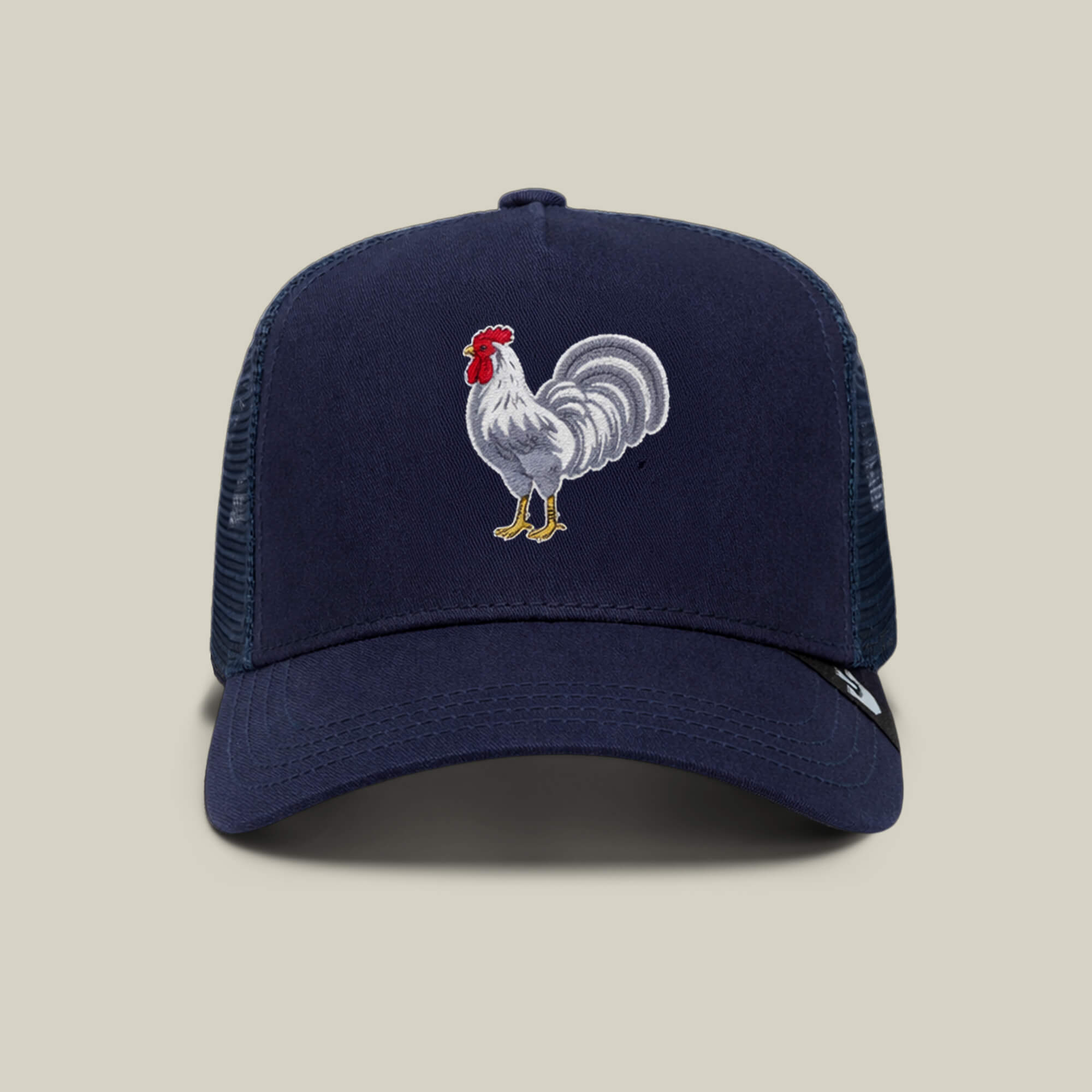 The Gone Cockmaxxing hat by Goorin Bros. in Edge Navy features an embroidered white rooster with a red comb on the front, making it a standout addition to any collection.
