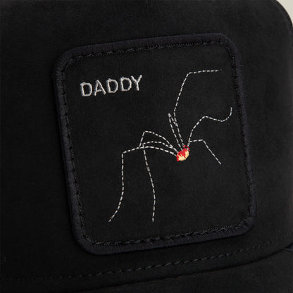 The Goorin Bros. Bold Suede Spider patch features "DADDY" and an embroidered spider with a red marking on black microsuede.