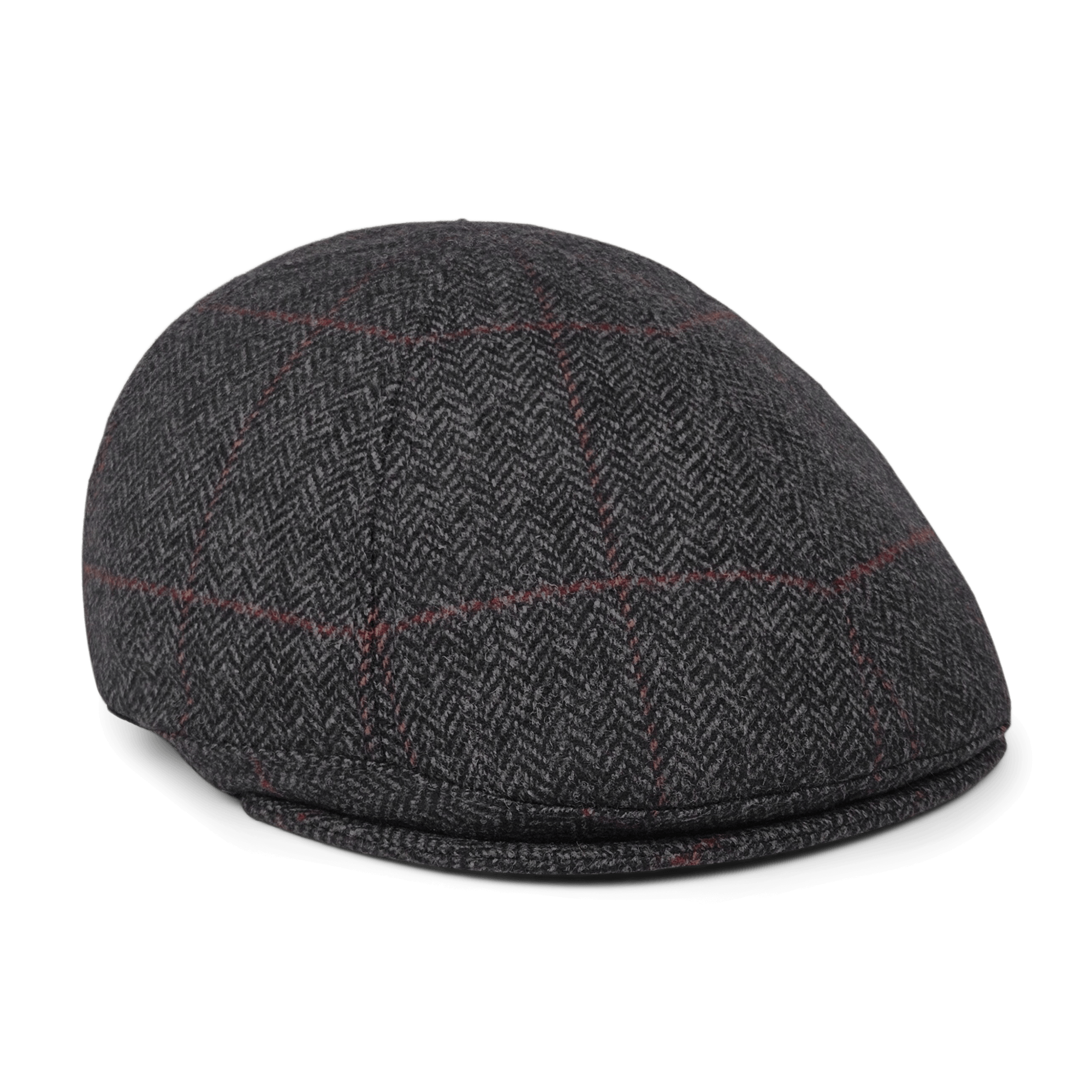 The Goorin Bros. Harry Bones flatcap features gray wool with a subtle herringbone pattern and thin red plaid lines, shown on a plain white background.