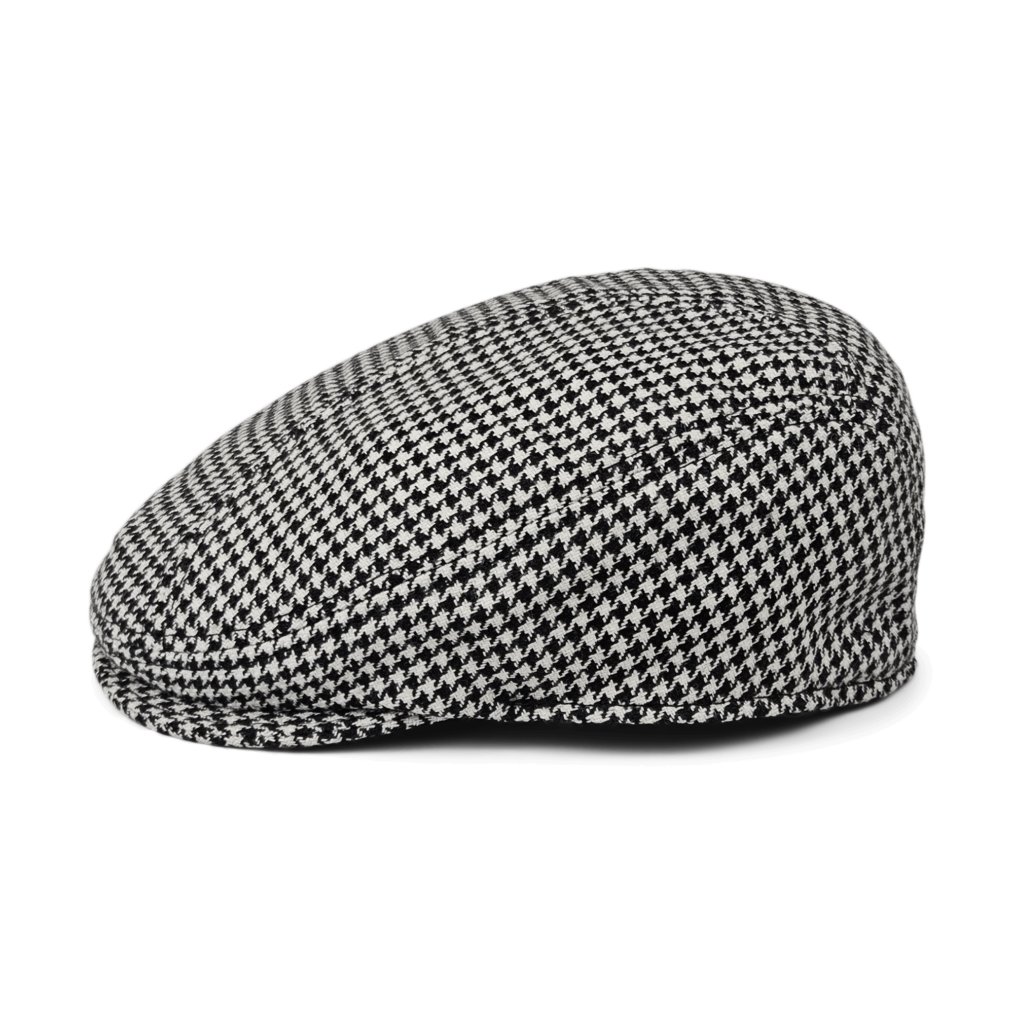 The Norwood flatcap by Goorin Bros., made from 100% wool in a black and white houndstooth pattern, is displayed in profile against a white background.