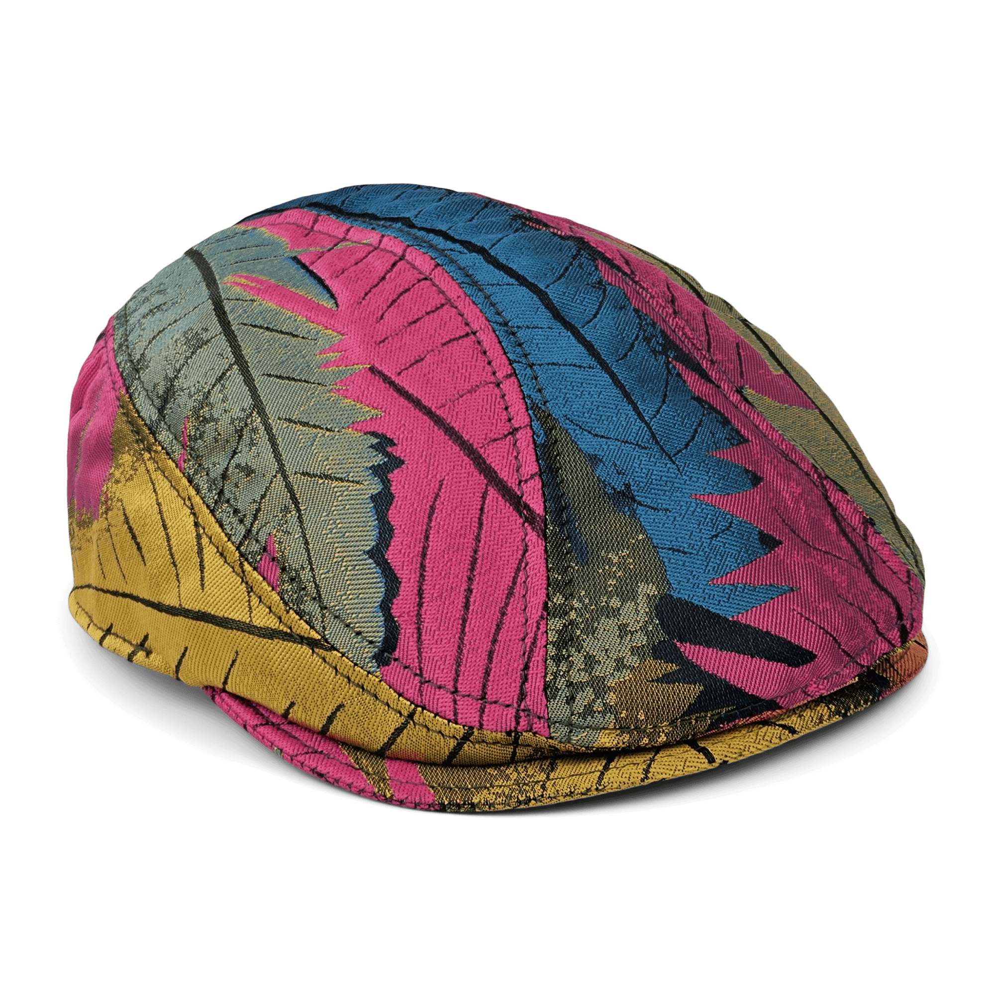 The Upland Avenue flatcap by Goorin Bros. is hand sewn in the USA and showcases a tropical print with multicolored pink, blue, yellow, and green feathers on a white background.