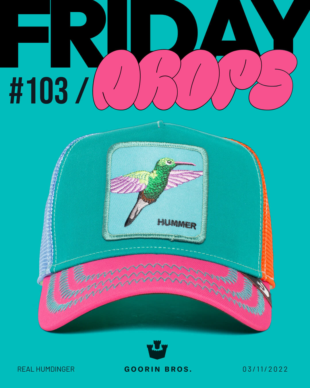A colorful trucker hat featuring a bold hummingbird patch and the word HUMMER is displayed against a turquoise background, showcasing one of our most durable hats in FRIDAY DROPS #103.