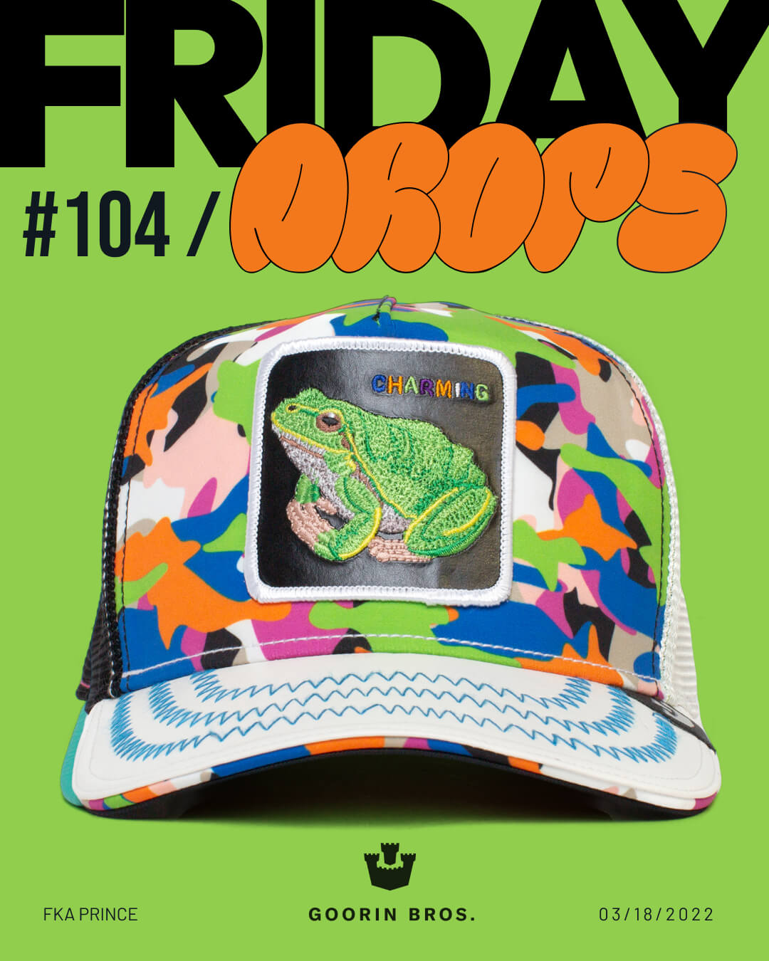 Colorful camouflage trucker hat with a green embroidered frog patch labeled CHARMER, displayed against a bright green background with bold text promoting Goorin Bros. Friday Drops—perfect for fans of bold hat designs and statement styles.