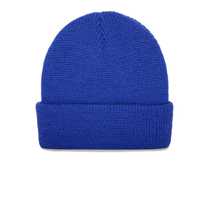 The Stripes Earned beanie by Goorin Bros., featuring a bright blue knit and folded brim, is displayed against a white background.