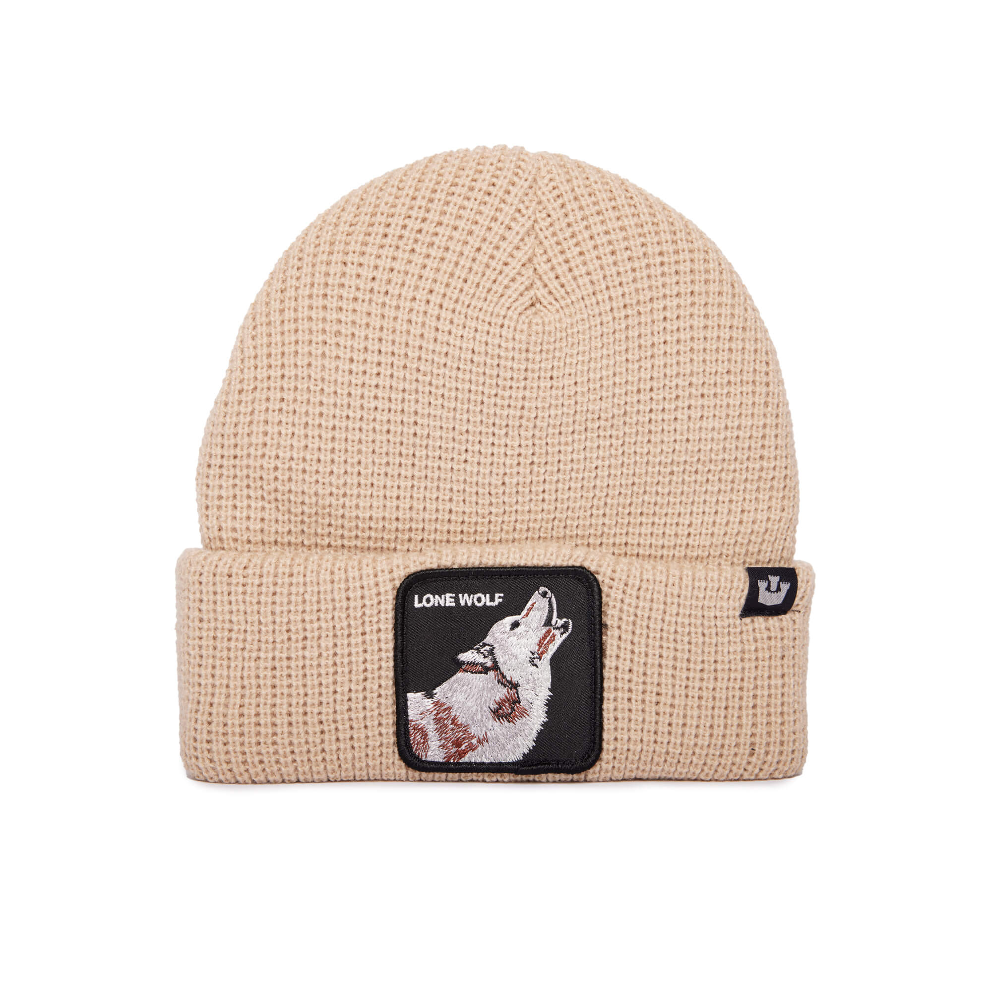 The Singled Out beanie by Goorin Bros. is a beige knit hat with a folded brim, featuring a patch of a howling wolf and the text "LONE WOLF." All sales are final.