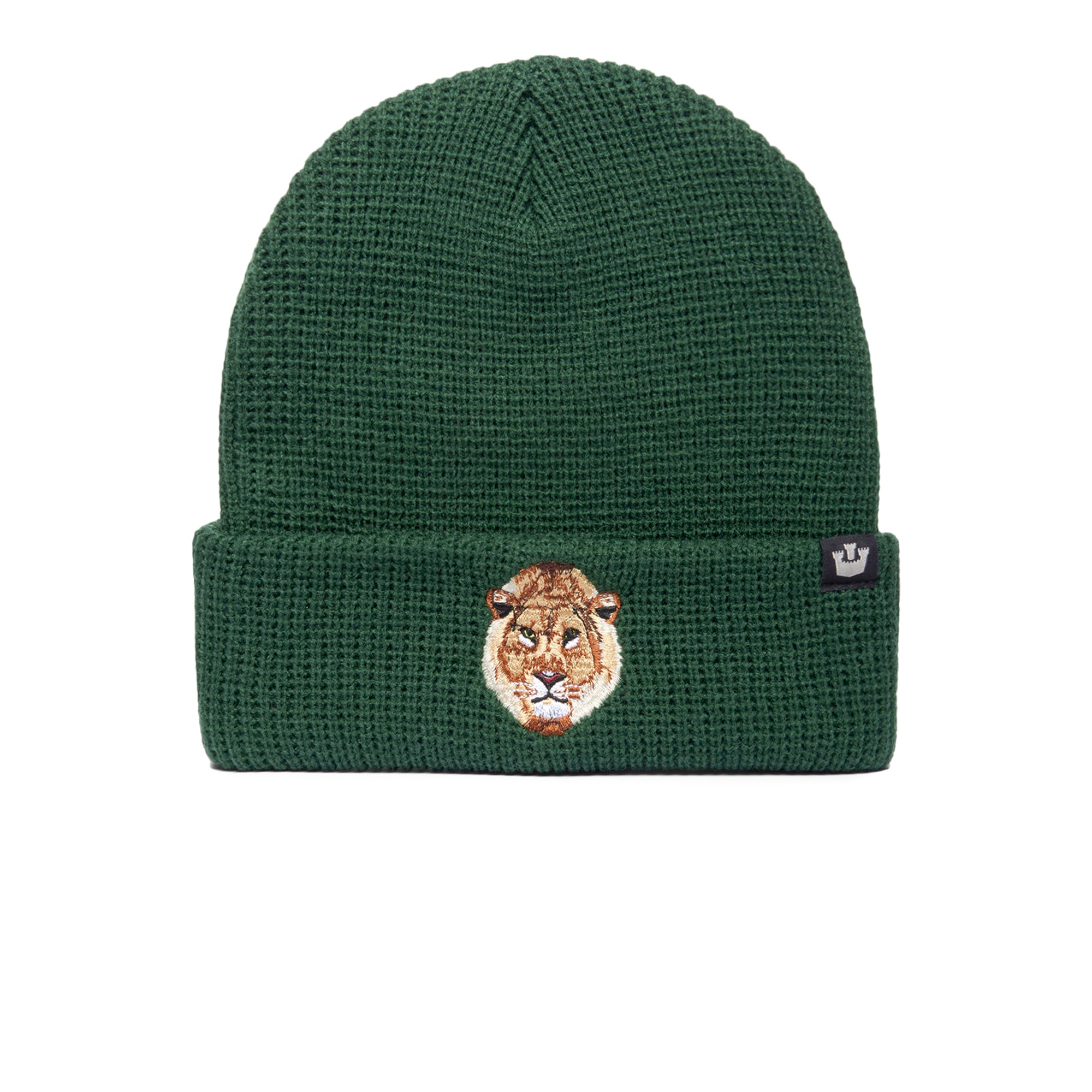 The Farm’s Ribbed Lion is a green ribbed beanie with a lion head patch on the front and a black crown logo label on the left, making it the perfect warm accessory for chilly days.