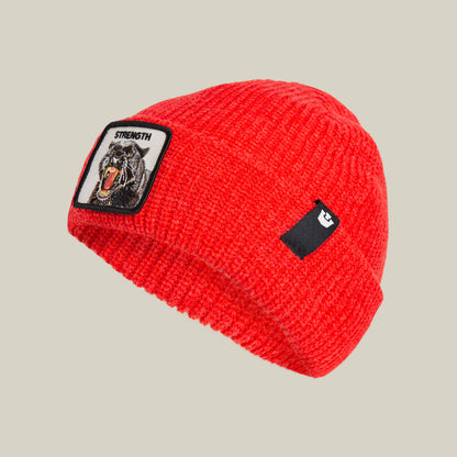 The Strength Beanie by Goorin Bros. is a bright red knit hat with rugged warmth, featuring a roaring bear patch labeled "STRENGTH" and a small black side label with a white G.