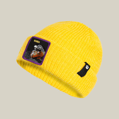 The Mamba Beanie by Goorin Bros. is a bright yellow knit hat featuring a coiled snake patch with "MAMBA" and a small black tag with a white logo.