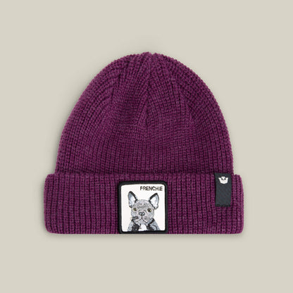 The Frenchie Beanie by Goorin Bros. is a plum knit beanie with a front patch featuring an illustrated French Bulldog and "FRENCHIE" text—ideal for cozy, trendy street style.