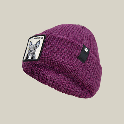 The Frenchie Beanie by Goorin Bros. is a cozy street style plum knit beanie, featuring a front patch with a French Bulldog and “FRENCHIE,” plus a small black side label.