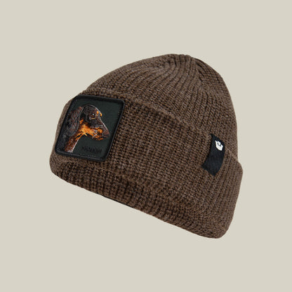 The Shadow Beanie by Goorin Bros. is a dark brown knit beanie featuring a dachshund patch on the side and a small black logo tag, shown on a plain beige background.