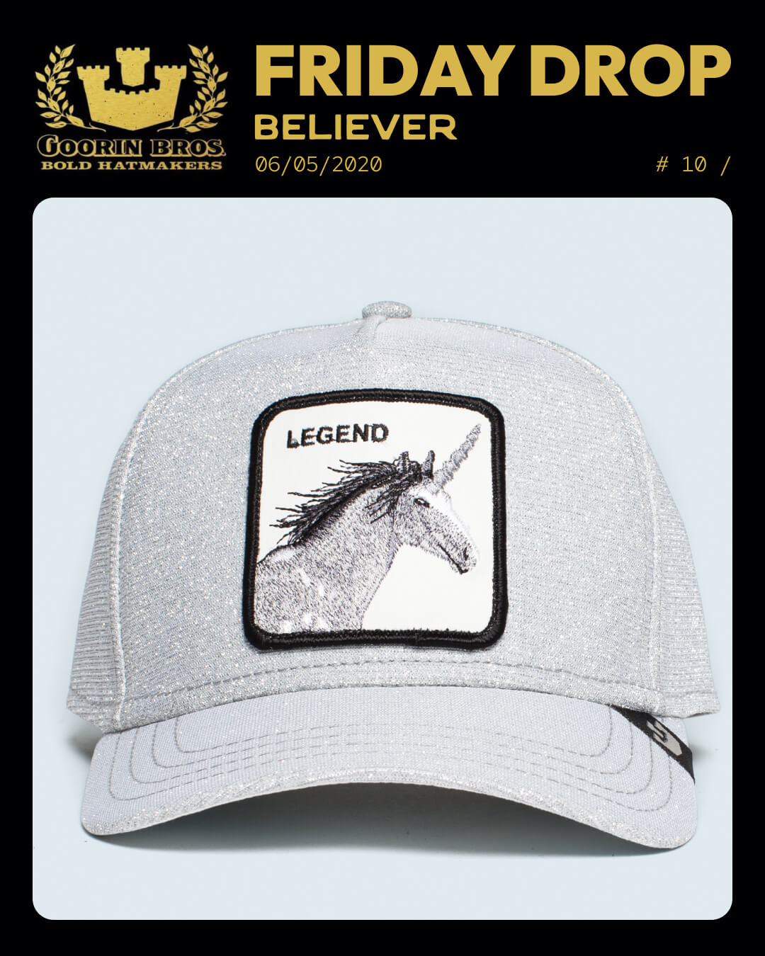 A light grey Goorin Bros. trucker hat with a front patch featuring a unicorn illustration and the word LEGEND—perfect for fans of bold hat designs and standout trucker hats.
