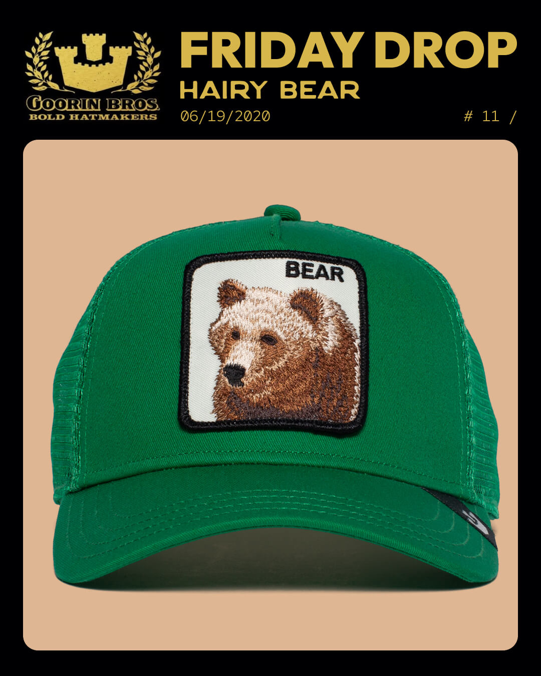 A green baseball cap by Goorin with a patch featuring an embroidered brown bear and the word BEAR on the front—perfect for those who love bold hat designs.
