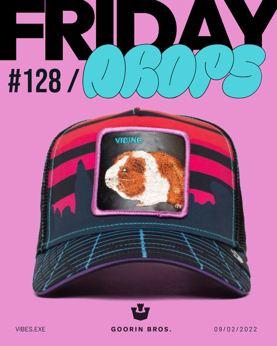 A colorful trucker hat with a patch featuring a guinea pig and the word VIBING is displayed on a pink background, showcasing bold hat designs with large text reading FRIDAY DROPS #128.