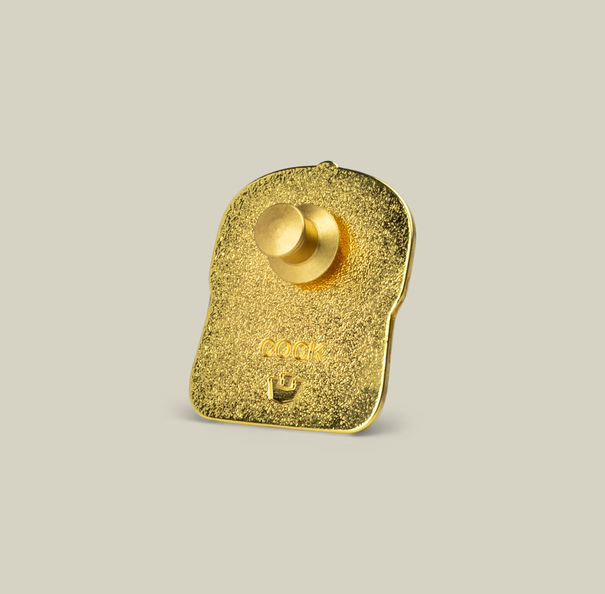 The Rooster Trucker Pin by Goorin Bros. is a gold-toned enamel pin with a butterfly clasp on the back.