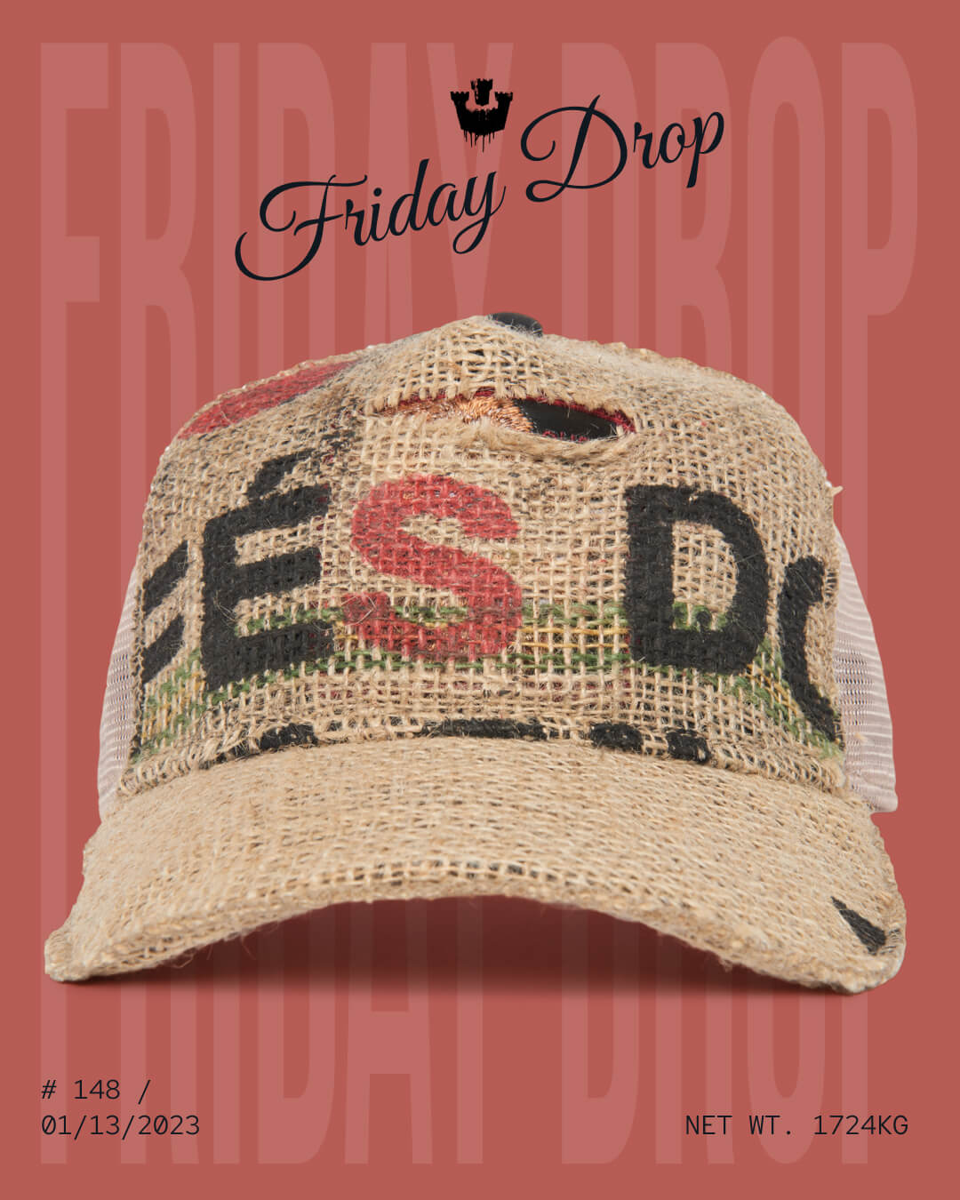 A worn, burlap-textured Goorin cap with faded lettering is displayed against a reddish background labeled Friday Drop. White mesh on the sides highlights its classic trucker hats style.