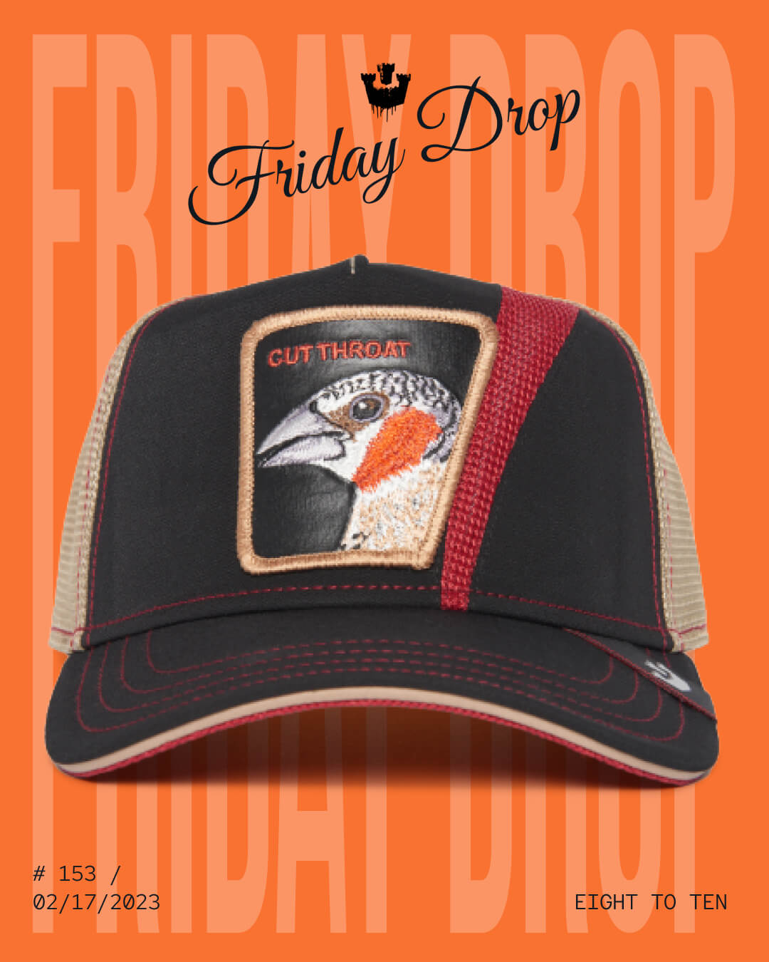 A bold hat design: this trucker hat features a CUTTHROAT bird patch with a red diagonal stripe, displayed against an orange background with Friday Drop text. Discover durable hats that make a statement.