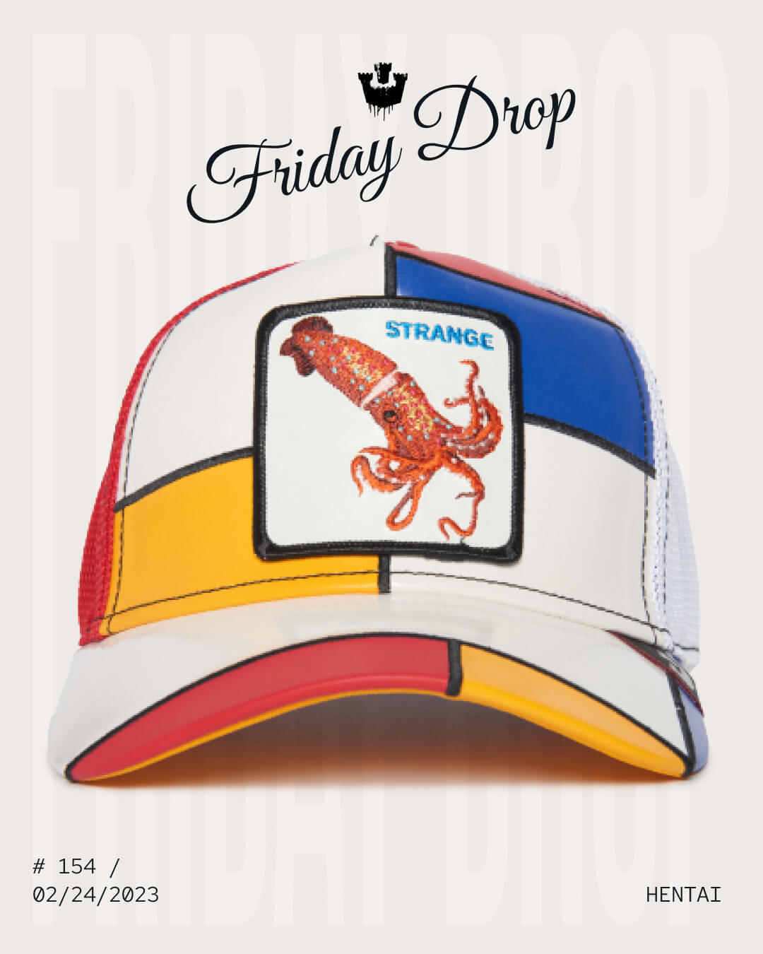 A white and multicolored trucker hat with a Mondrian-inspired pattern, featuring a squid patch labeled STRANGE. Friday Drop appears above, showcasing bold hat designs perfect for fans of standout trucker hats.