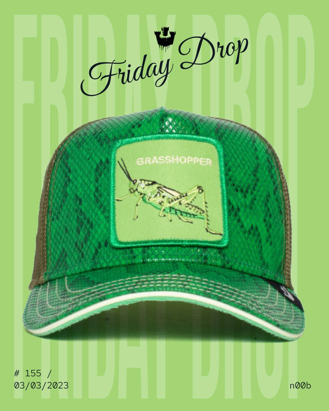 A green mesh trucker hat from Goorin with a patch featuring an illustrated grasshopper and the word GRASSHOPPER on the front, displayed against a green background with Friday Drop text.