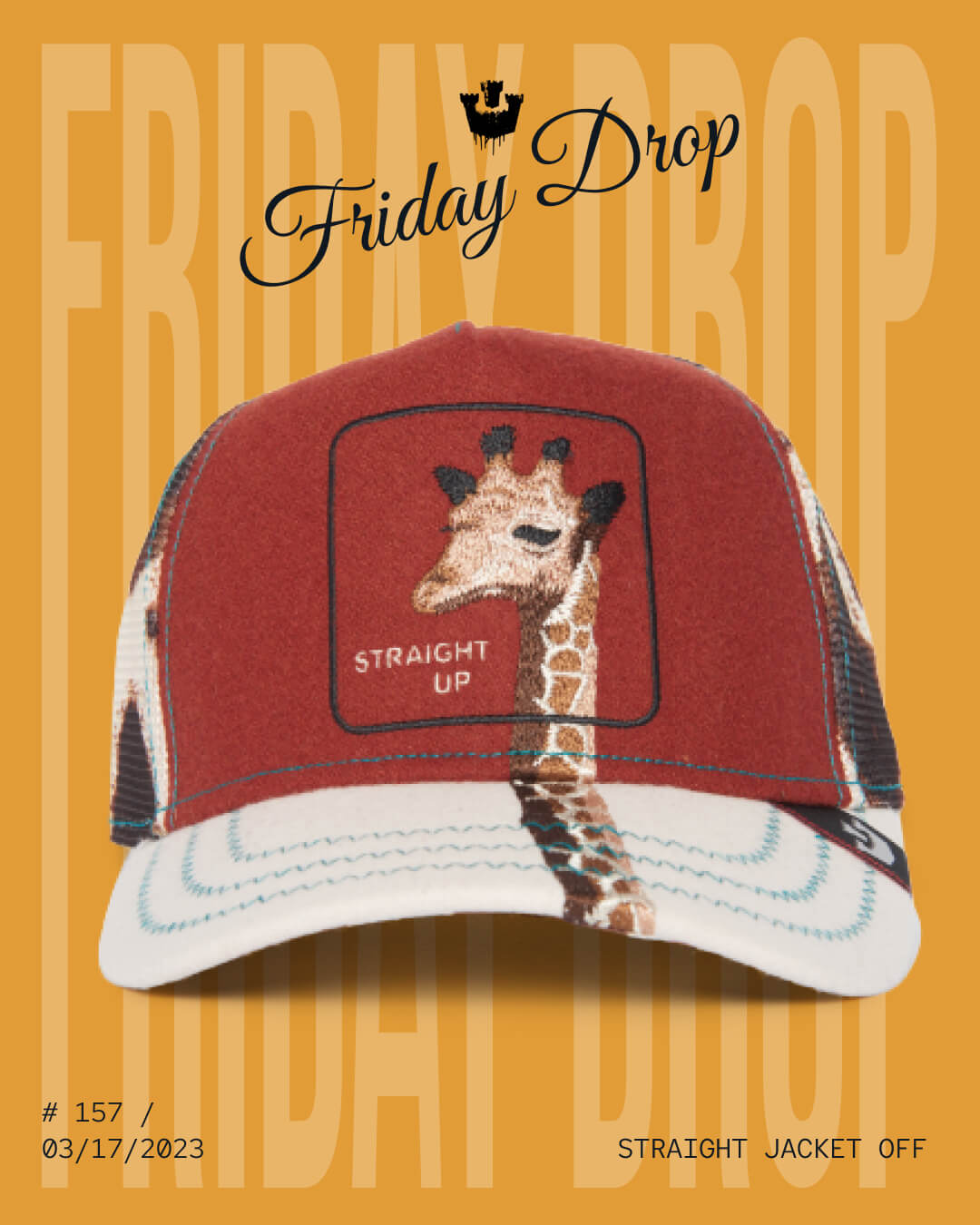A red and white cap featuring a giraffe illustration and the text STRAIGHT UP is displayed against a yellow background with the words Friday Drop above, showcasing one of our bold hat designs in trendy trucker hats.