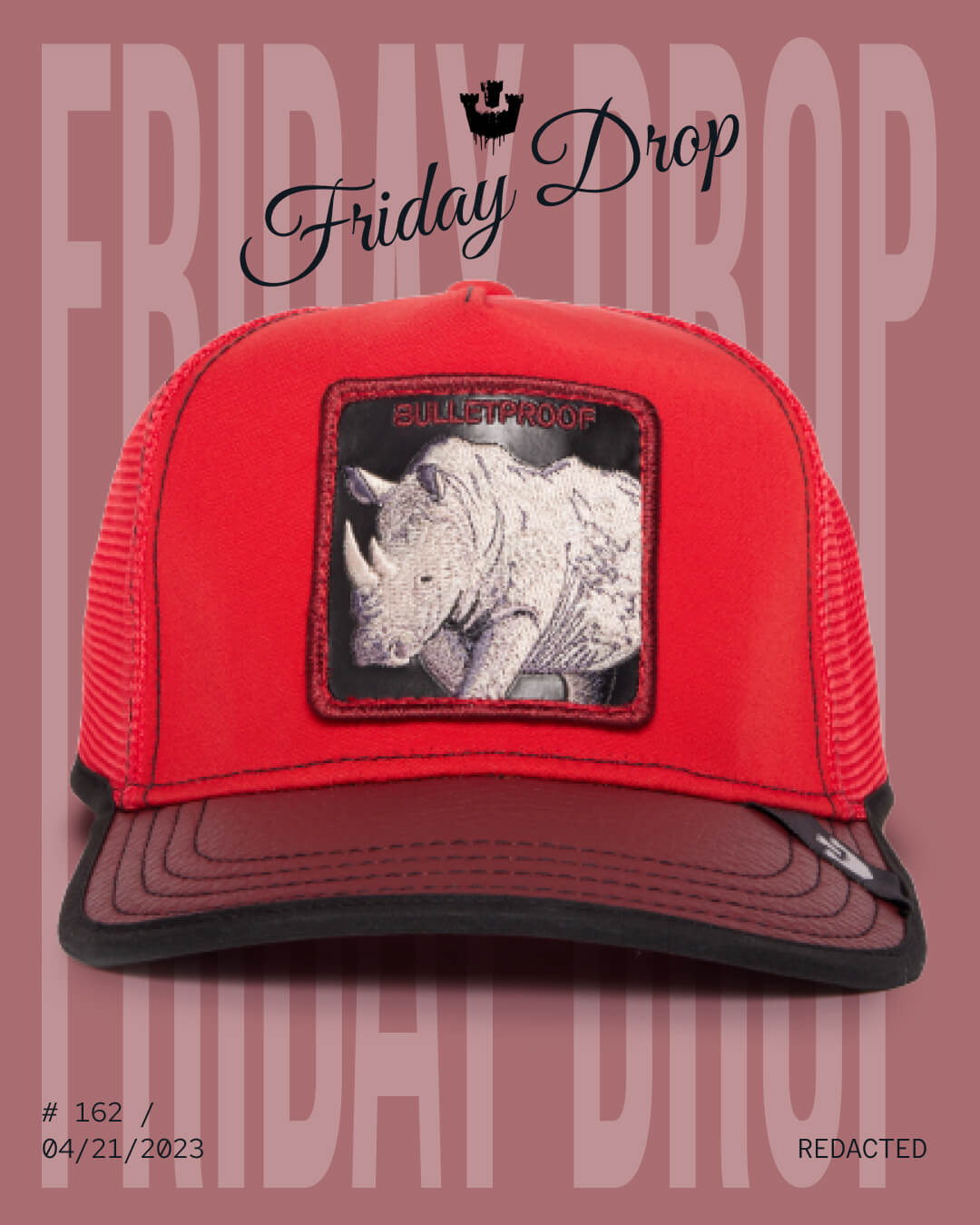 A red and black mesh trucker hat by Goorin featuring a patch with an embroidered white rhinoceros and the word BULLETPROOF on the front. Bold hat designs like this stand out, with Friday Drop and the date in the background.