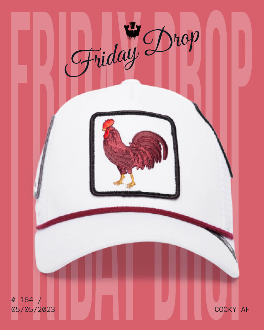 A white Goorin baseball cap with a red rooster patch on the front is shown against a pink background with the text Friday Drop and product details, highlighting the brand’s reputation for durable hats.