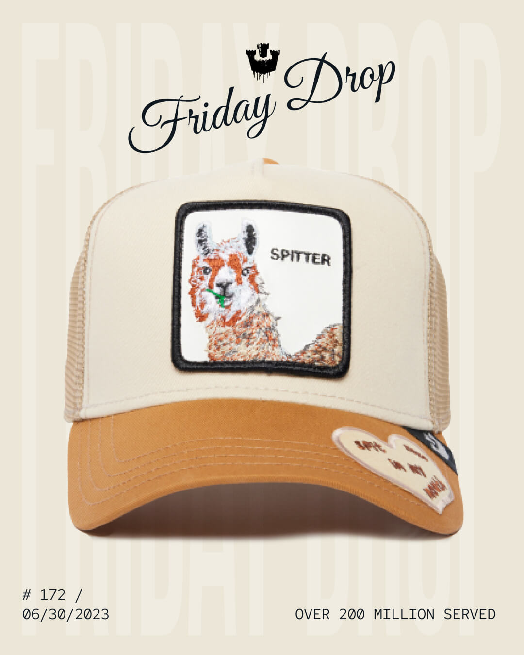 A beige and tan Goorin trucker hat featuring a patch of a llama labeled SPITTER on the front, displayed upright against a light background with text and branding details.