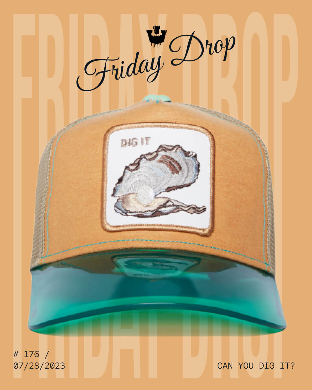 Tan and teal trucker hat with a patch featuring a dug-up clam and pearl, displayed against a peach background with “Friday Drop” text—crafted for those who appreciate durable hats and standout style.