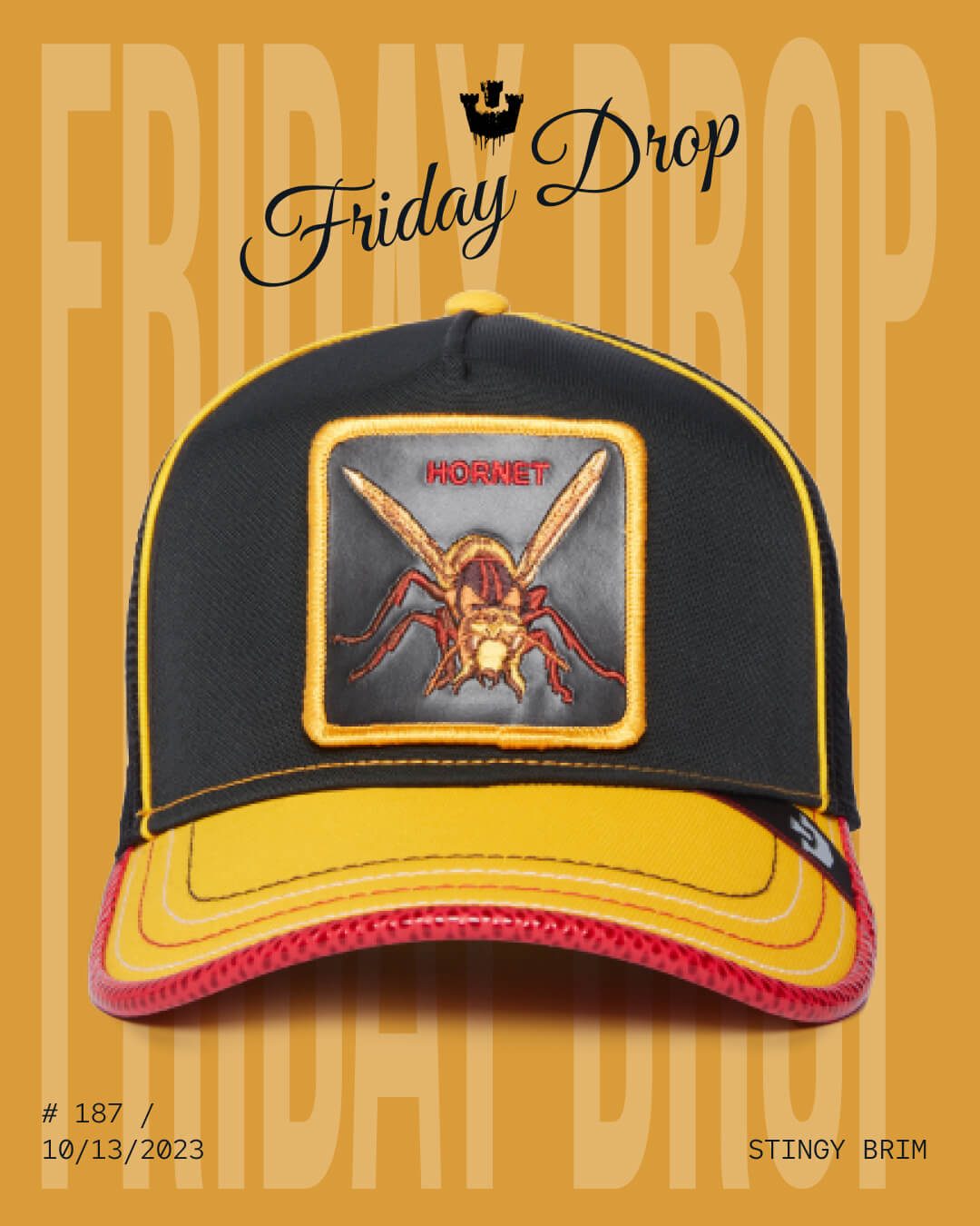 A black and yellow baseball cap with a hornet patch on the front panel appears against a yellow Friday Drop background, showcasing the quality you expect from durable hats.