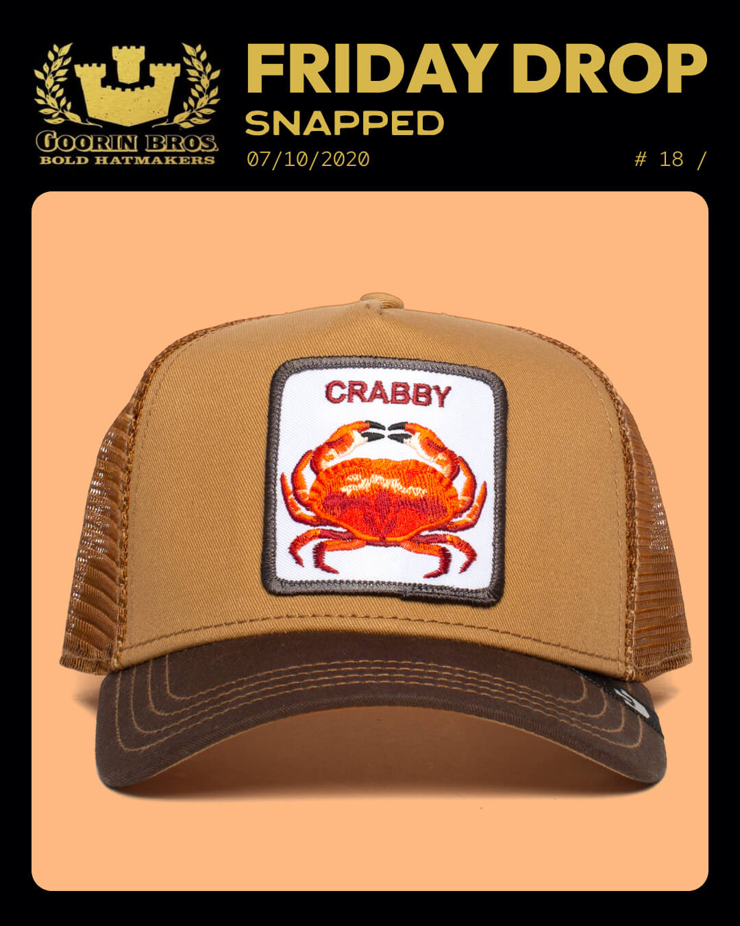 A brown mesh trucker hat with a patch featuring a red crab and the word CRABBY on the front panel, displayed against a light peach background—perfect for fans of bold hat designs.