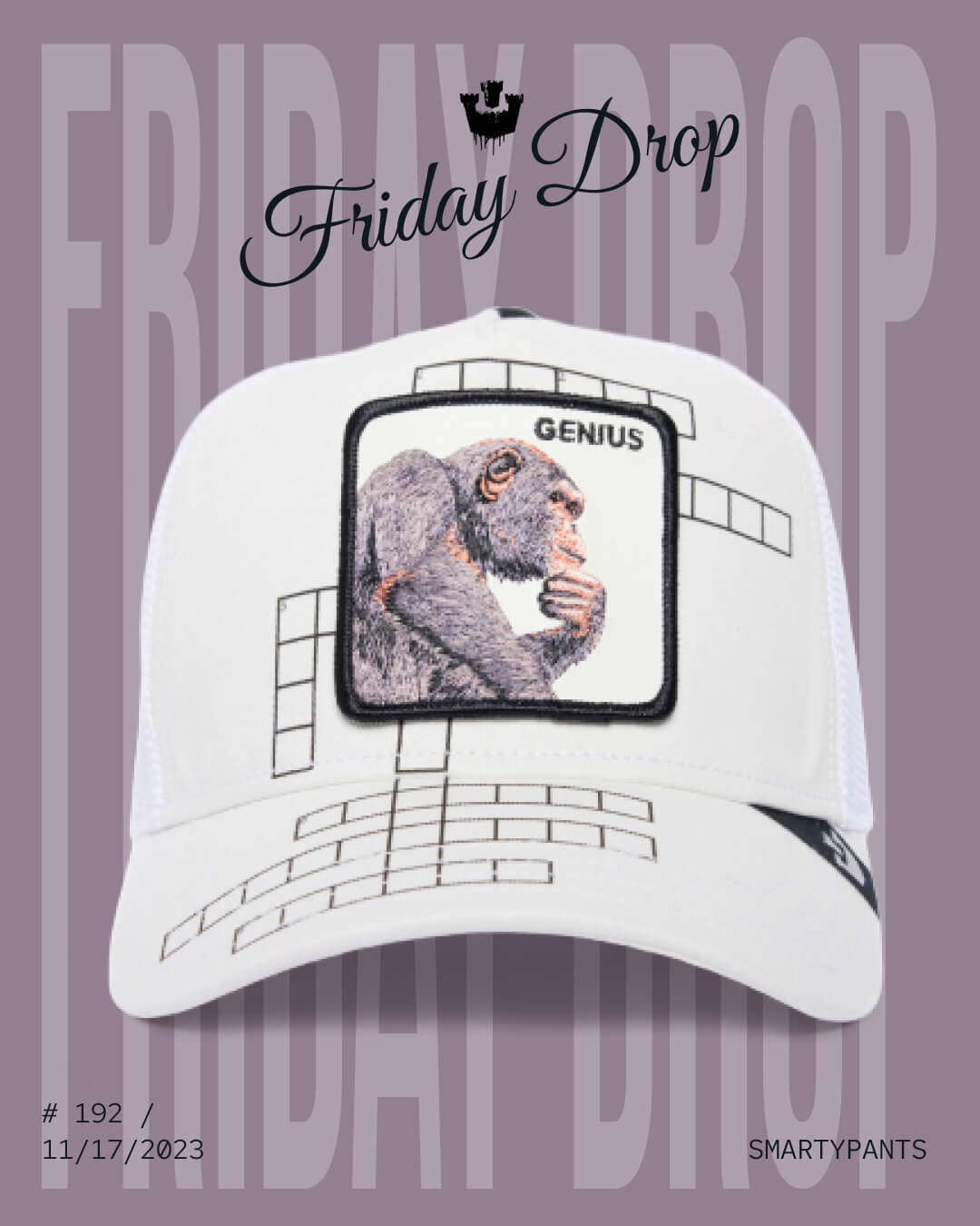 A white Goorin baseball cap features a patch of a chimpanzee labeled GENIUS on the front. The background reads Friday Drop with product details at the bottom, perfect for fans of playful trucker hats.
