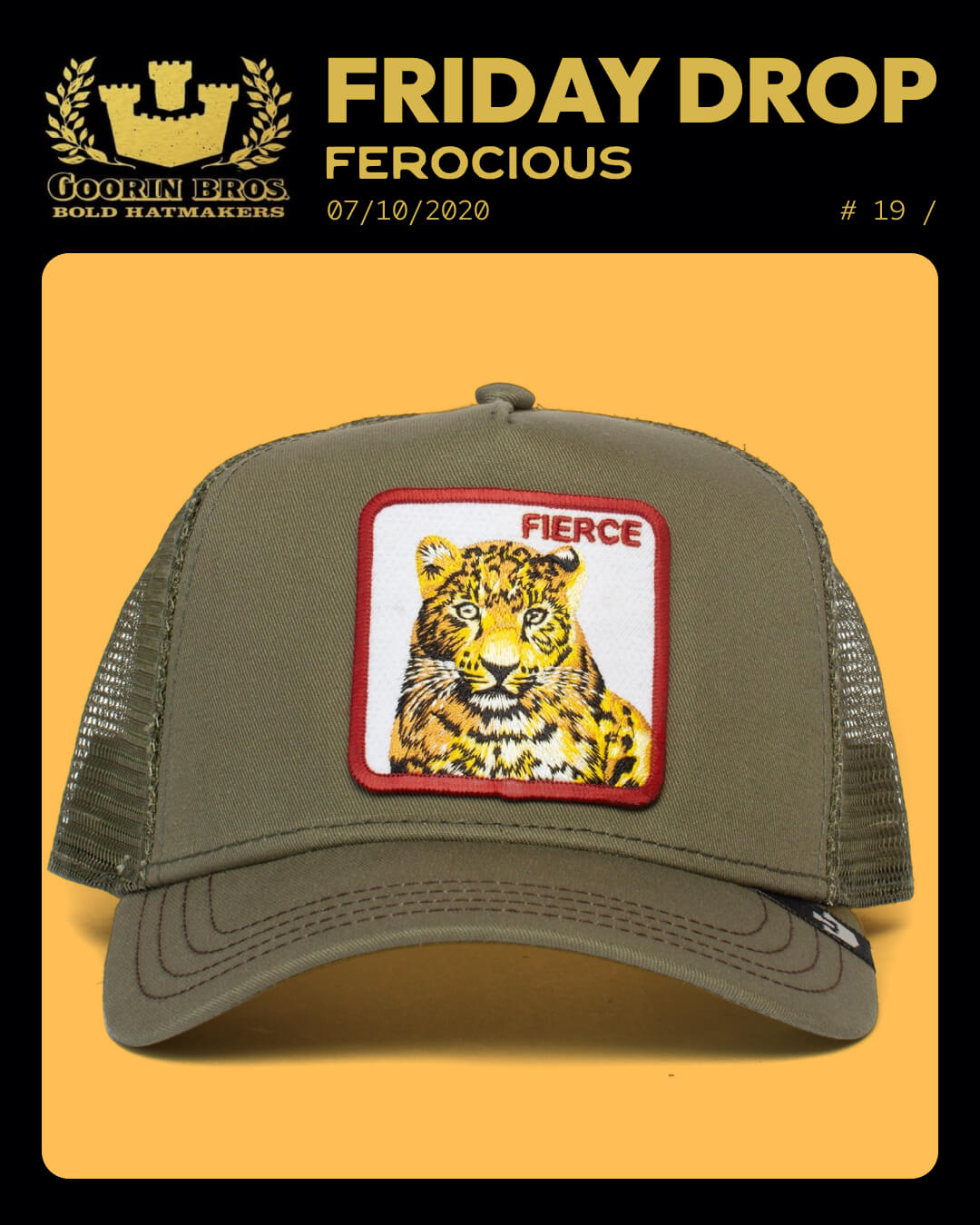 Olive green trucker hat featuring a front patch with an illustrated leopard and the word FIERCE, showcasing bold hat designs. Branding text appears above this durable, American made accessory.