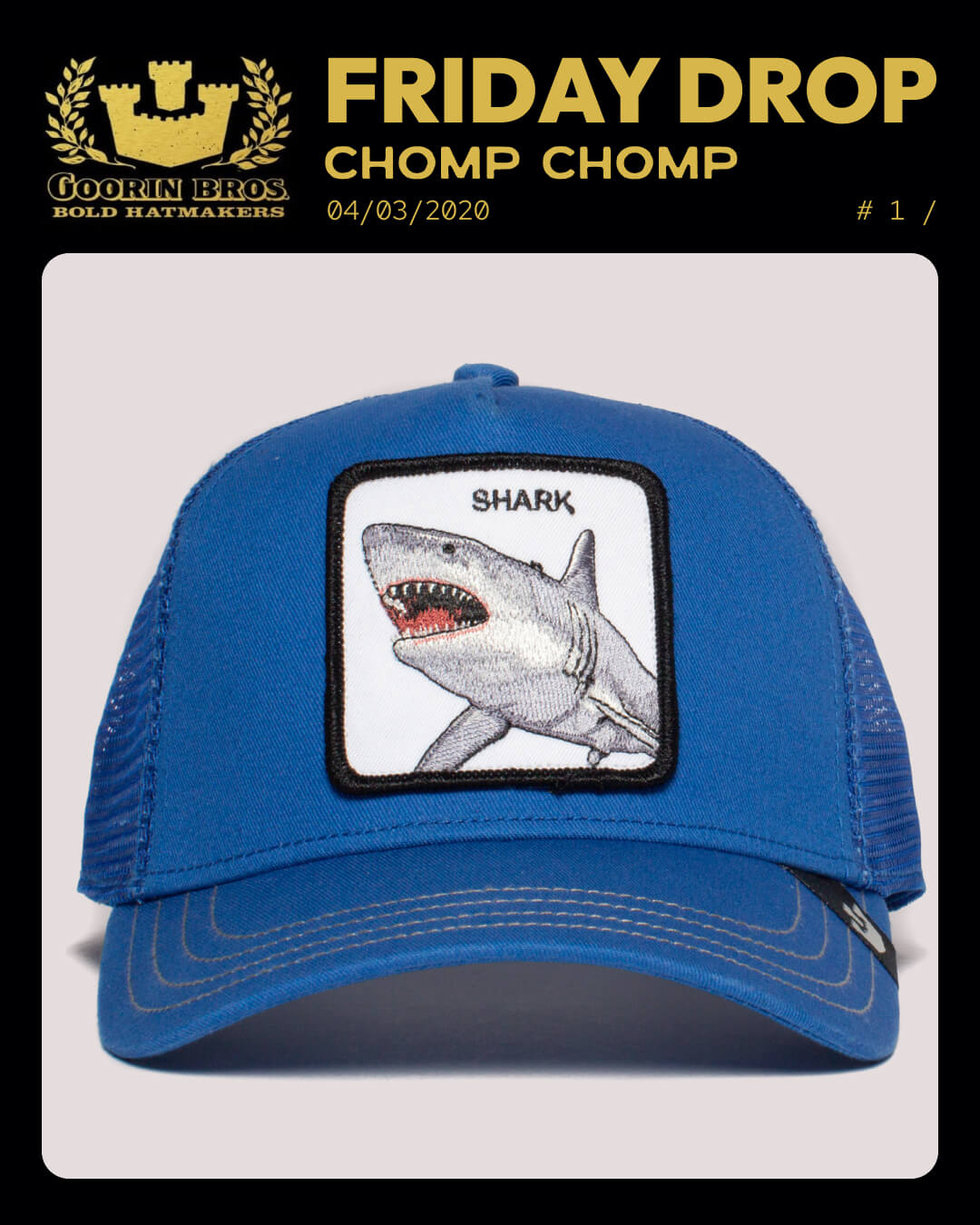 A blue Goorin trucker hat with a patch showing an image of a shark and the word SHARK on the front; displayed against a plain background with promotional text above. Perfect for fans of stylish trucker hats.