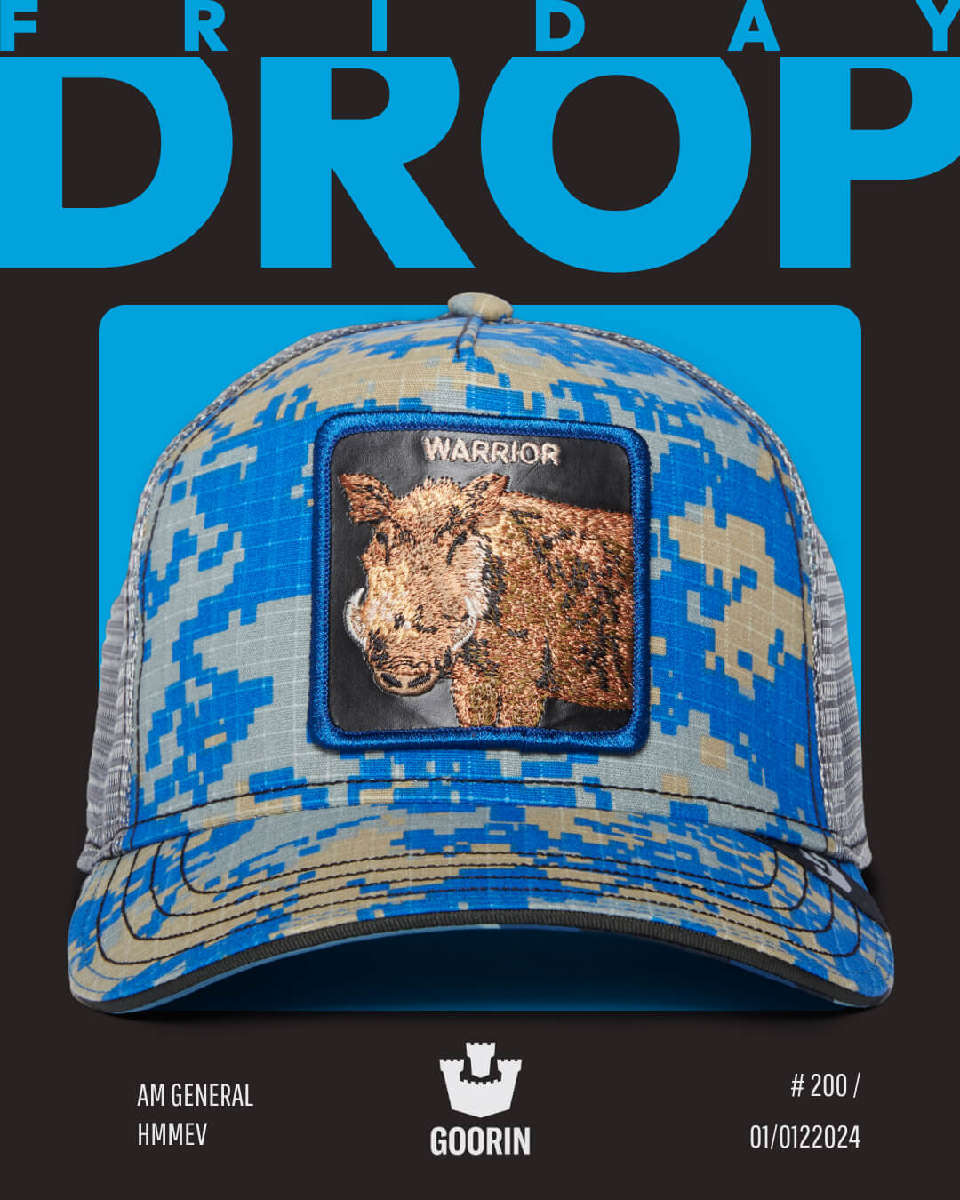 A blue camouflage Goorin trucker hat with a rhino patch labeled WARRIOR is showcased against a black and blue background with the text FRIDAY DROP—perfect for fans of stylish, durable hats.