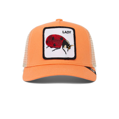 The Farm’s Little Lady pink mesh baseball cap for kids features a front patch with an embroidered ladybug and "LADY" above it—a stylish kid-sized trucker perfect for little ones.