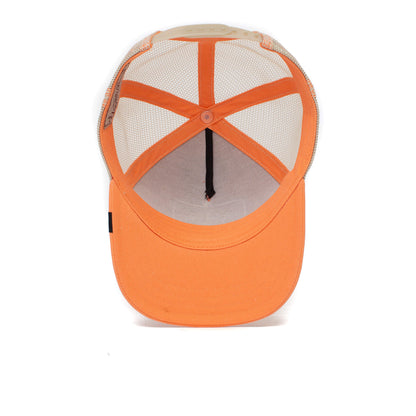 A top-down view of The Farm Little Lady orange and beige adjustable trucker hat for ages 4-10, showing the inside structure and strap, on a white background.
