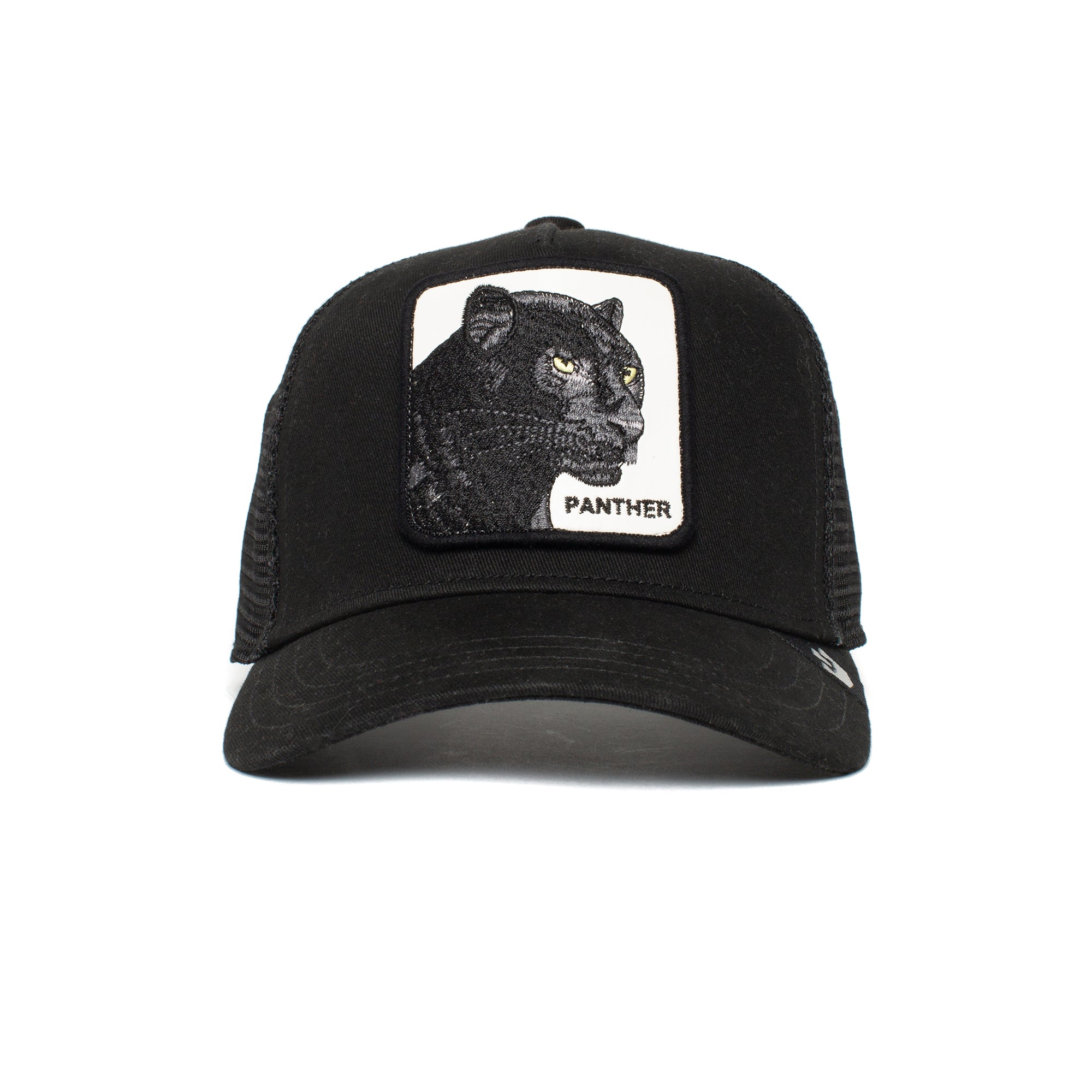 The Farm’s Little Panther kids hat is black mesh, featuring a front patch with an embroidered black panther and "PANTHER" in bold letters.