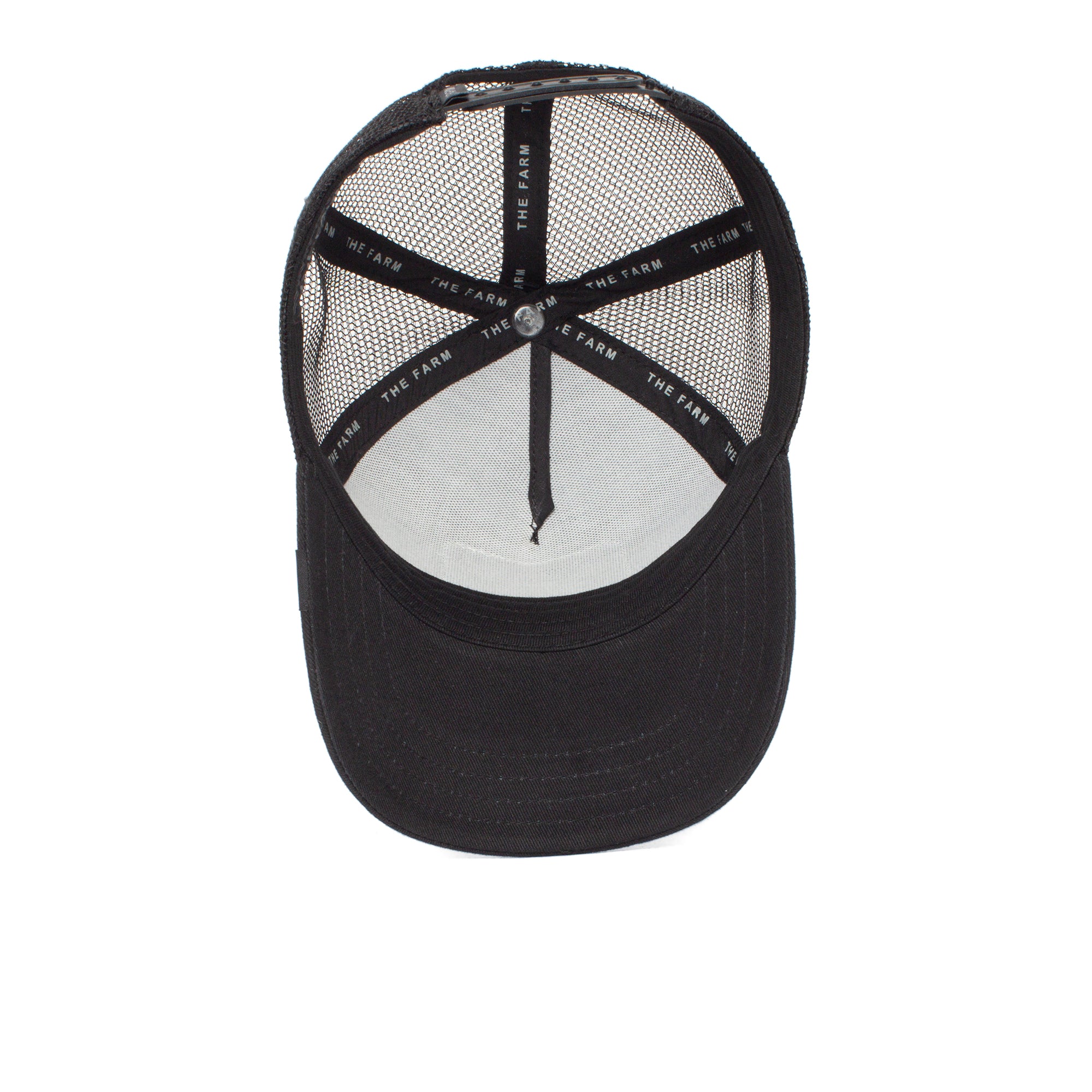 A black "Little Panther" trucker hat by The Farm, photographed from above to show the inner mesh lining and “THE FARM” text on the sweatband—a stylish kids’ hat for any occasion.