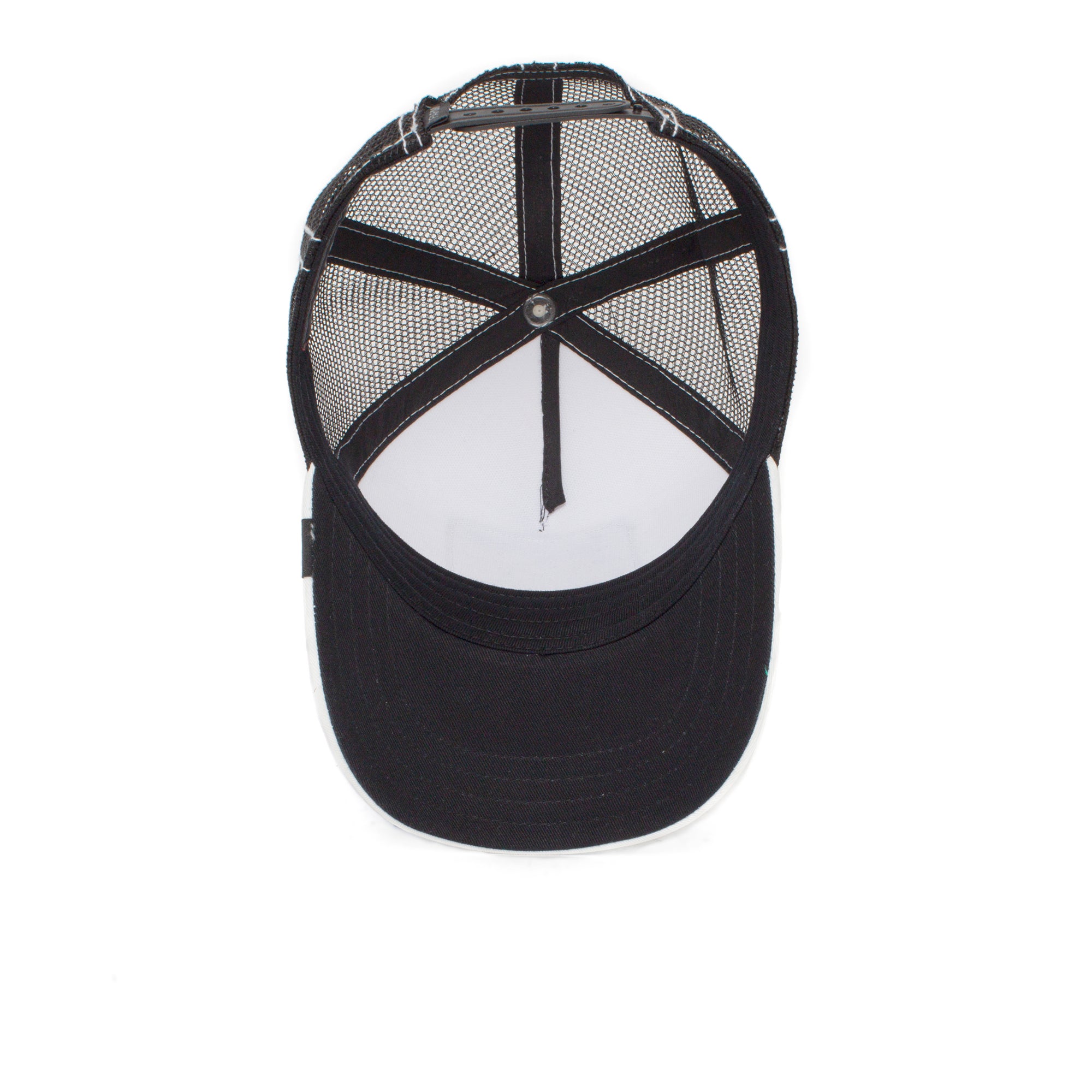 A black mesh trucker hat, Little Stripe by Goorin Bros., shown from above to display the inside and brim on a white background—perfect as a zebra-themed animal patch hat for kids.
