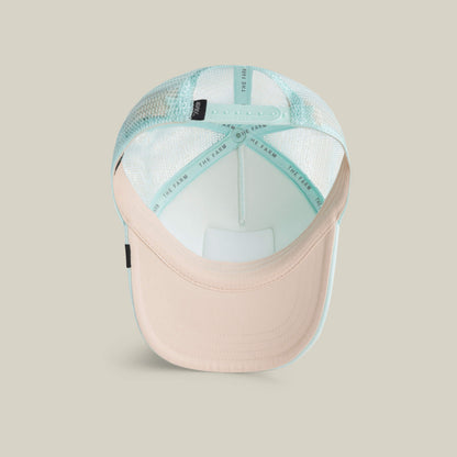 The Goorin Bros. Lil Squad kids cap features a light blue and beige mesh back, an adjustable snap closure, printed branding on the sweatband, and an embroidered flamingo—perfect for true squad goals style.