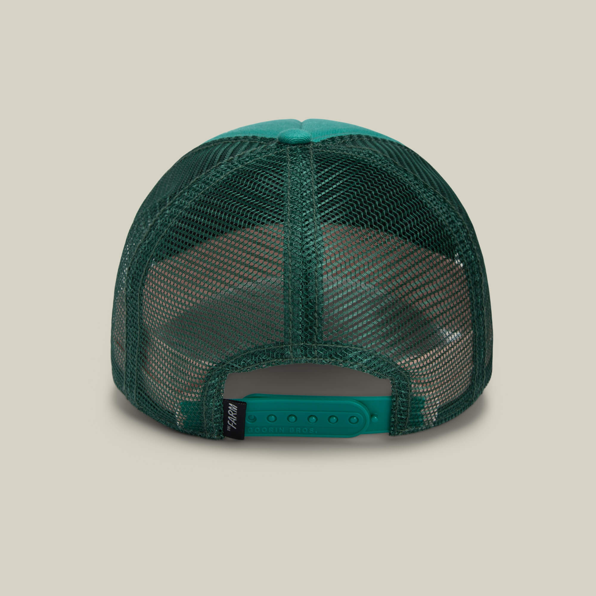 The Goorin Bros. Lil Boss green mesh snapback trucker hat is shown from the back, featuring an adjustable closure and a small black tag—perfect as an embroidered kids hat for playful style.