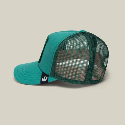 The Lil Boss by Goorin Bros. is a green and dark green mesh snapback trucker hat, shown from the side on a neutral background, featuring a playful embroidered kids hat design.